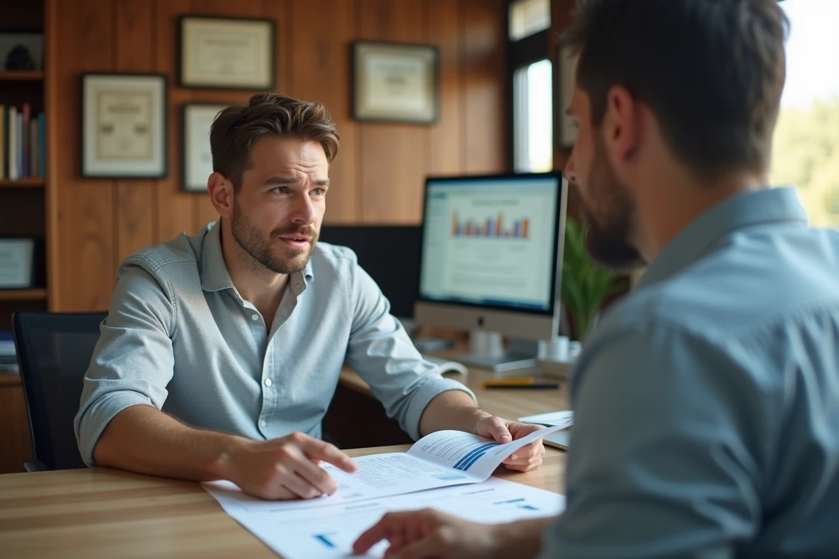 Chef d'entreprise en consultation avec un conseiller en assurance pour &eacute;viter les erreurs courantes de couverture