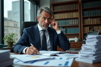 Entrepreneur en costume marine examinant des documents financiers complexes liés à la création d'une holding dans un bureau corporatif