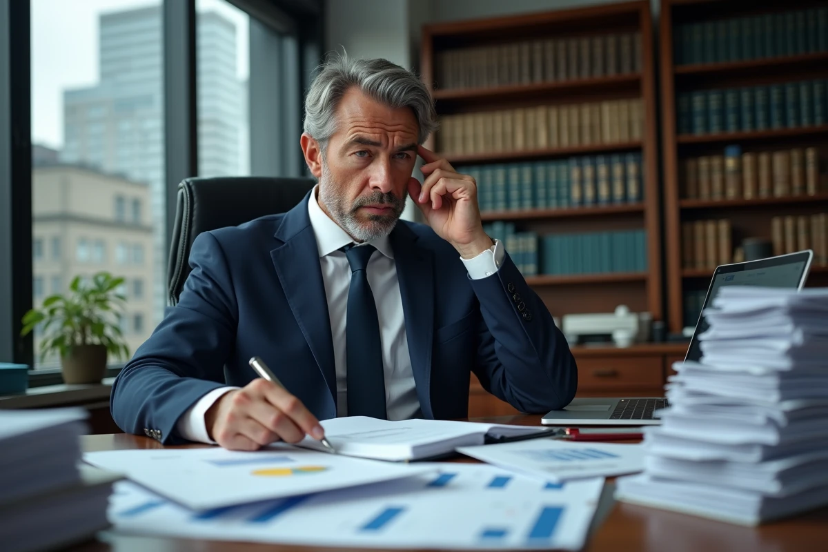 Entrepreneur en costume marine examinant des documents financiers complexes liés à la création d'une holding dans un bureau corporatif