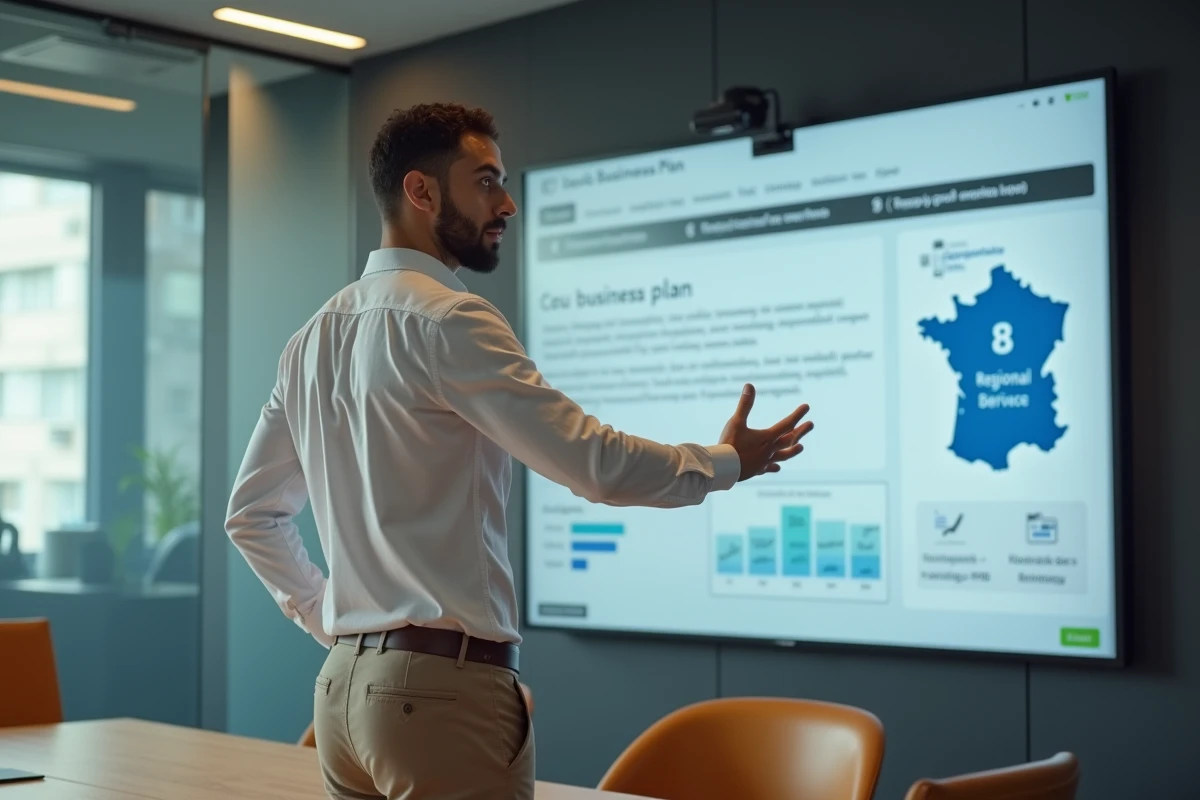 Jeune entrepreneur présentant son projet devant un écran affichant les aides régionales françaises pour créer son entreprise en 2026