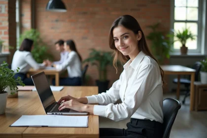 Jeune entrepreneuse consultant un logiciel de gestion en ligne dans un espace de coworking moderne