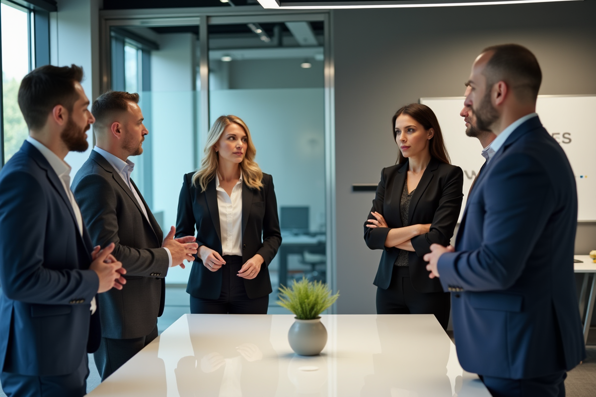 Equipe diversifiee en discussion dans une salle de reunion moderne