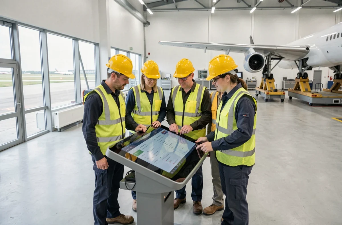 Équipe d'ouvriers aéronautiques collaborant sur un poste de travail numérique dans une usine Airbus en Europe
