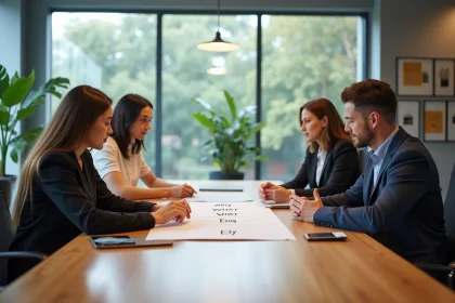 Groupe de professionnels en r&eacute;union dans un bureau lumineux