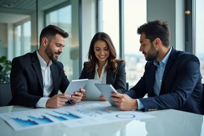 Groupe de professionnels en r&eacute;union d'affaires dans un bureau lumineux