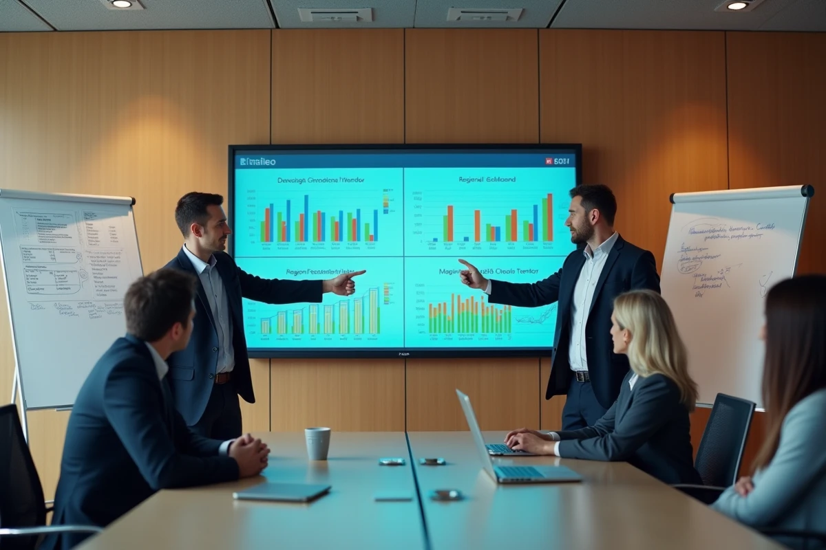 Équipe de professionnels en réunion consultant un tableau de bord d'indicateurs économiques territoriaux sur écran interactif