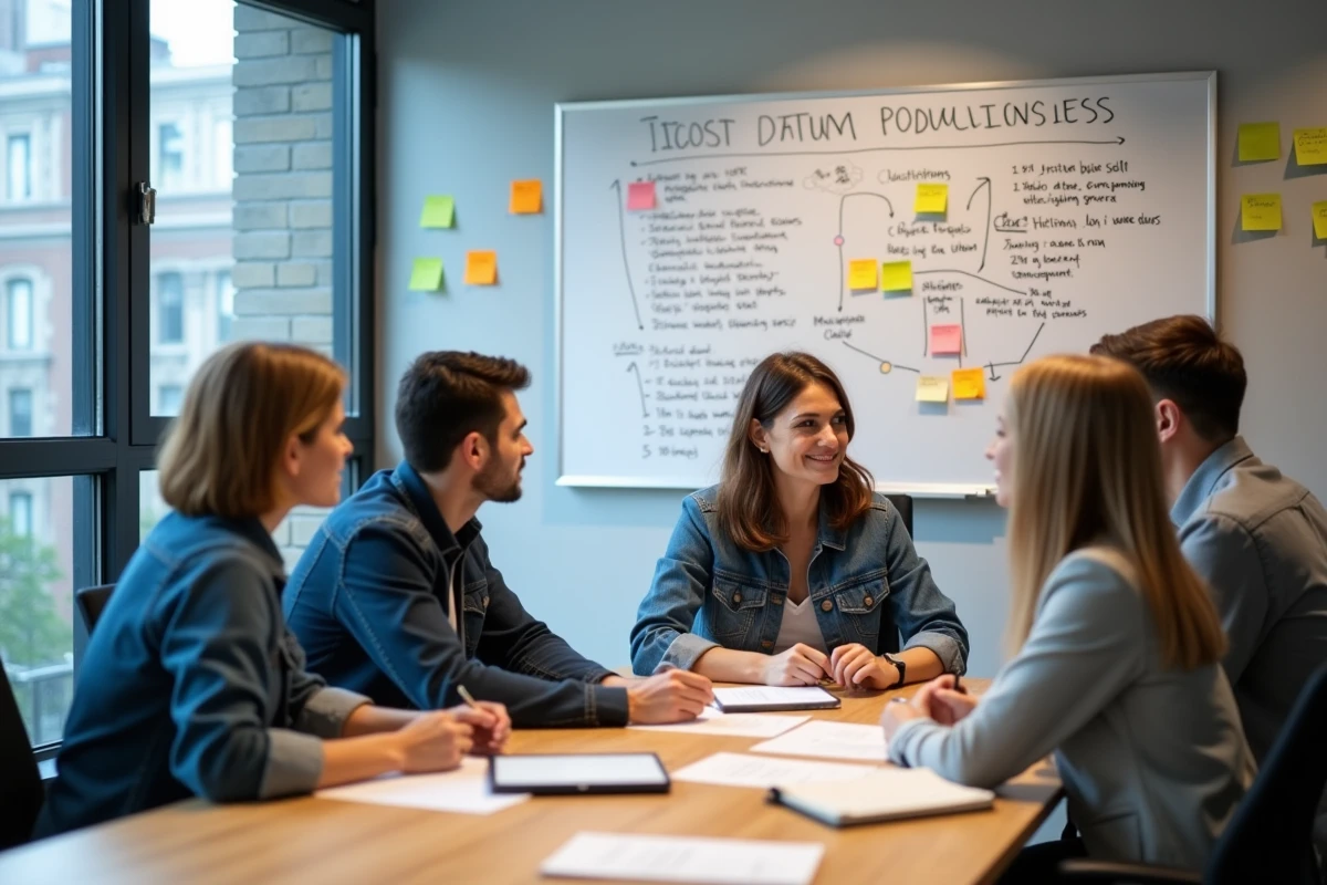 Équipe startup en réunion autour d'un tableau blanc avec des mots-clés liés à la transformation digitale