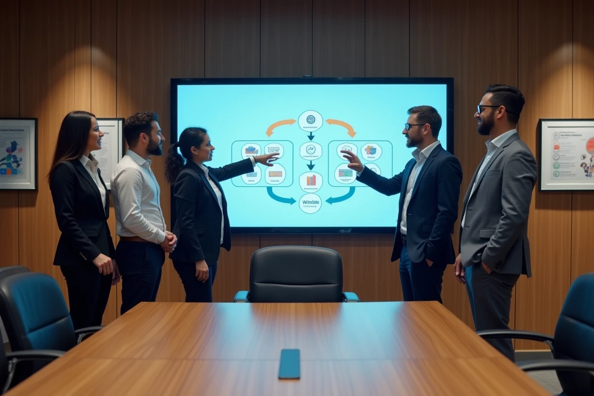 Équipe de professionnels discutant d'un organigramme de fusion et prise de contrôle d'entreprises sur écran tactile