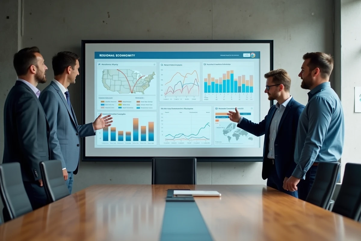 Équipe de planificateurs urbains collaborant autour d'un tableau de bord économique territorial interactif