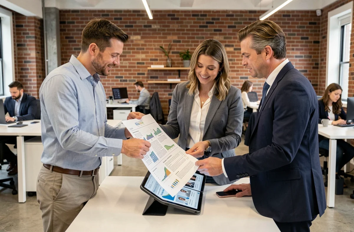 Une équipe de professionnels collaborant sur la vérification des données Pappers pour sécuriser un partenariat commercial