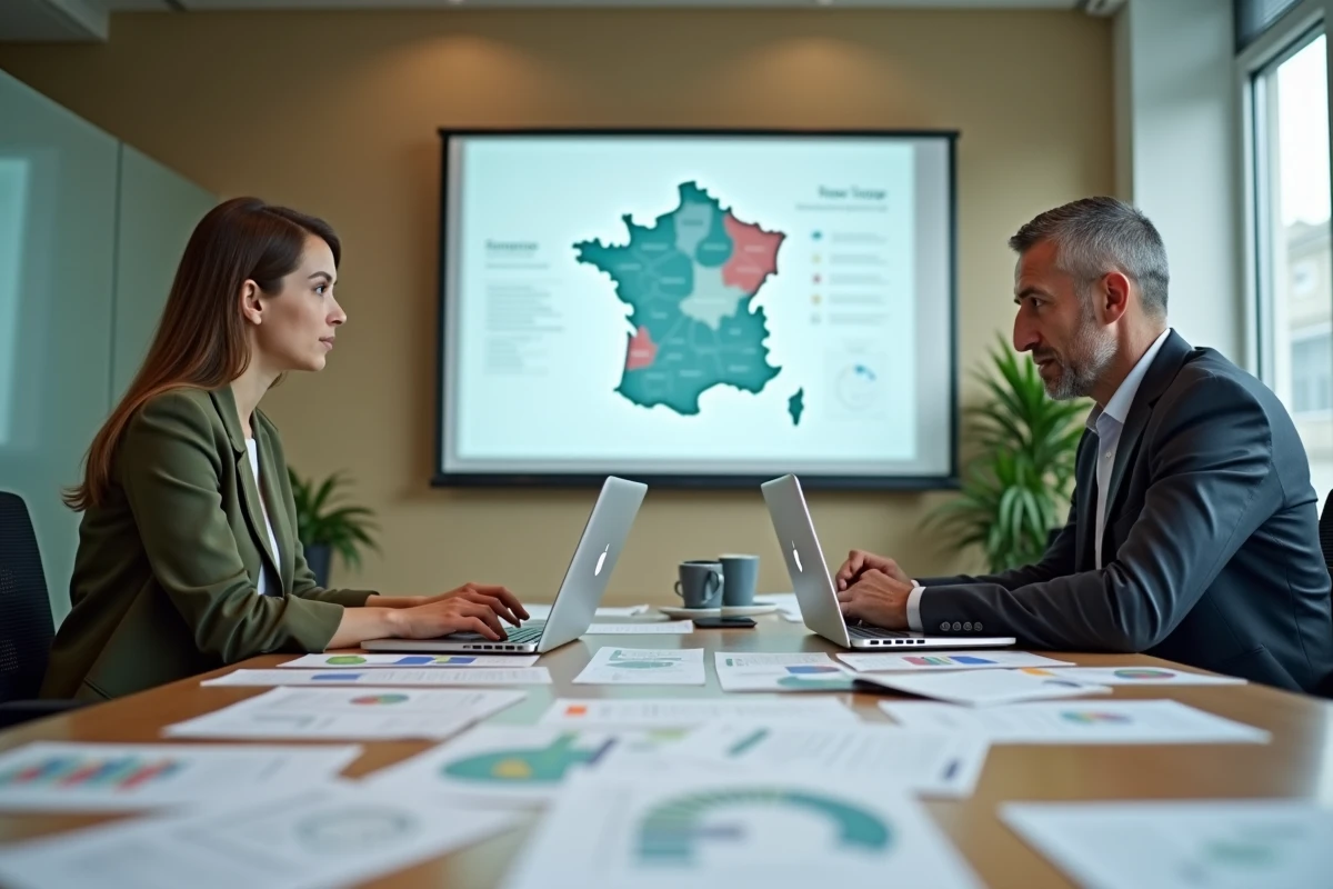 Deux professionnels étudiant des rapports d'indicateurs économiques territoriaux lors d'une réunion de travail
