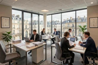 Vue panoramique d'un cabinet d'expertise comptable moderne en Centre-Val de Loire avec des professionnels au travail