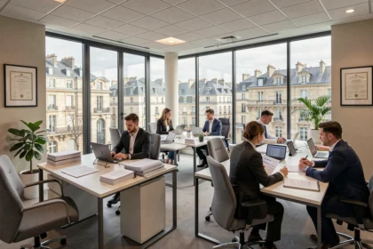 Vue panoramique d'un cabinet d'expertise comptable moderne en Centre-Val de Loire avec des professionnels au travail