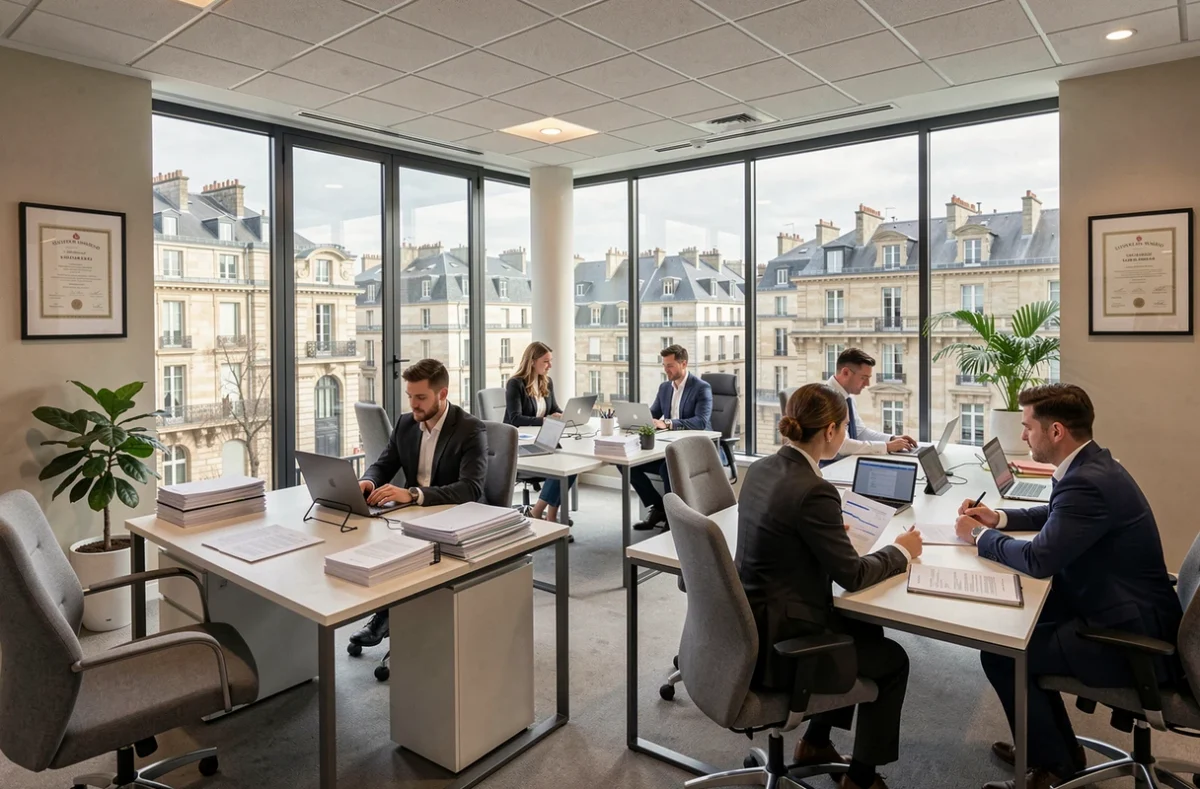 Vue panoramique d'un cabinet d'expertise comptable moderne en Centre-Val de Loire avec des professionnels au travail