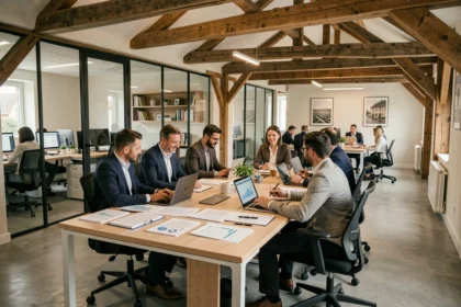 Vue d'ensemble d'un cabinet d'expertise comptable moderne en Normandie, avec des professionnels collaborant autour d'une table de travail