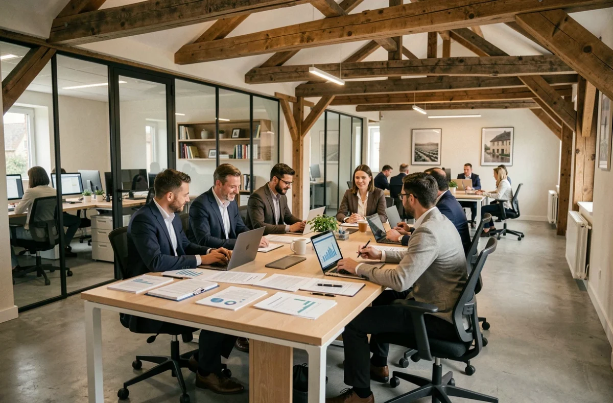 Vue d'ensemble d'un cabinet d'expertise comptable moderne en Normandie, avec des professionnels collaborant autour d'une table de travail