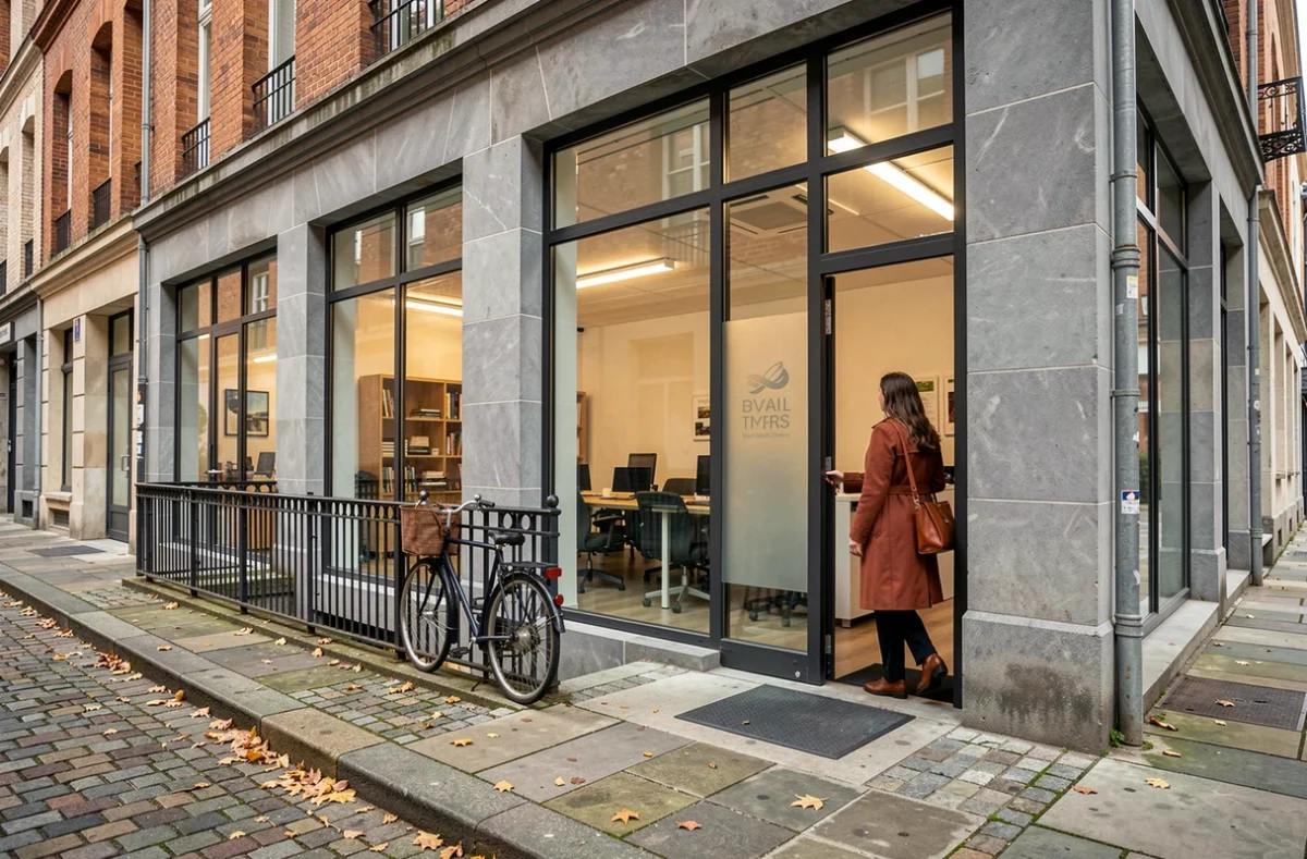 Façade extérieure d'un espace de coworking dans le centre-ville d'Angers avec une femme entrant dans le bâtiment