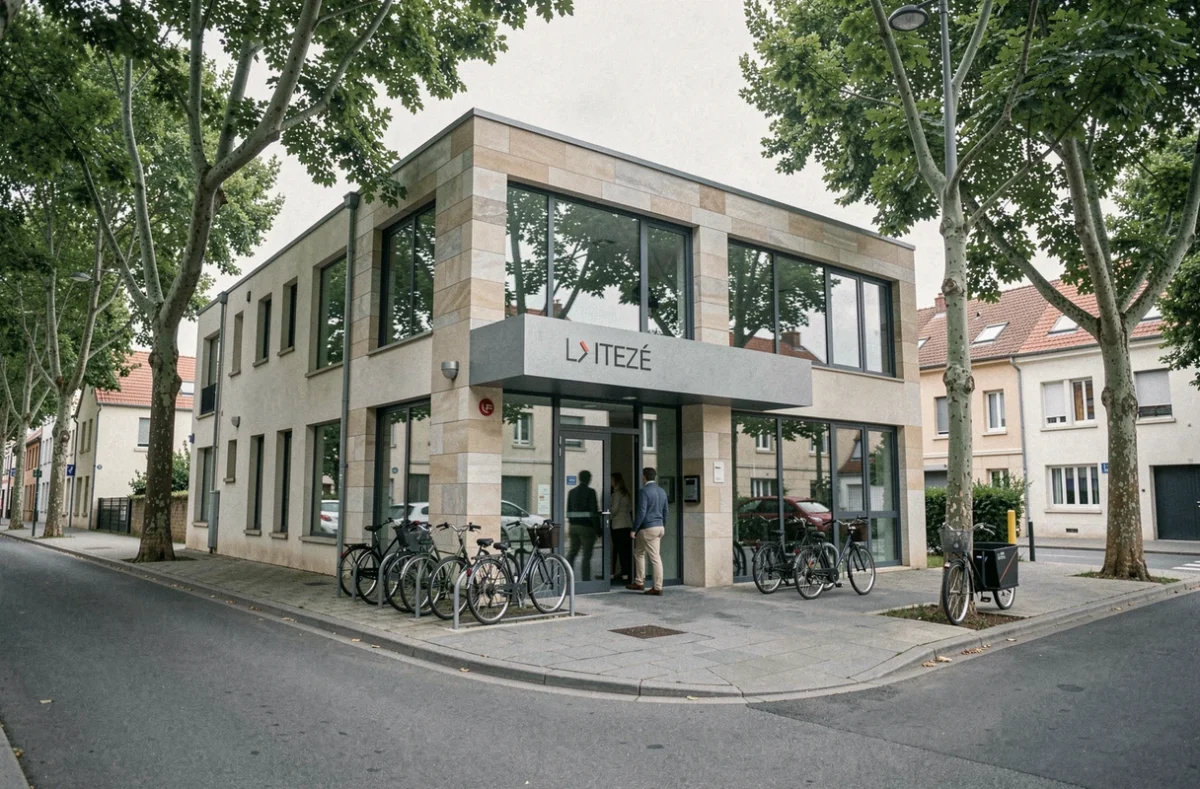 Façade extérieure d'un espace de coworking contemporain à Rezé avec vélos garés devant l'entrée