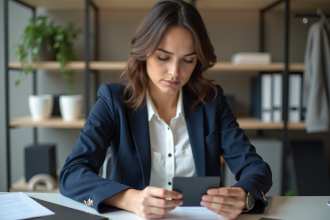 Femme d'affaires examine des cartes de visite dans un bureau moderne