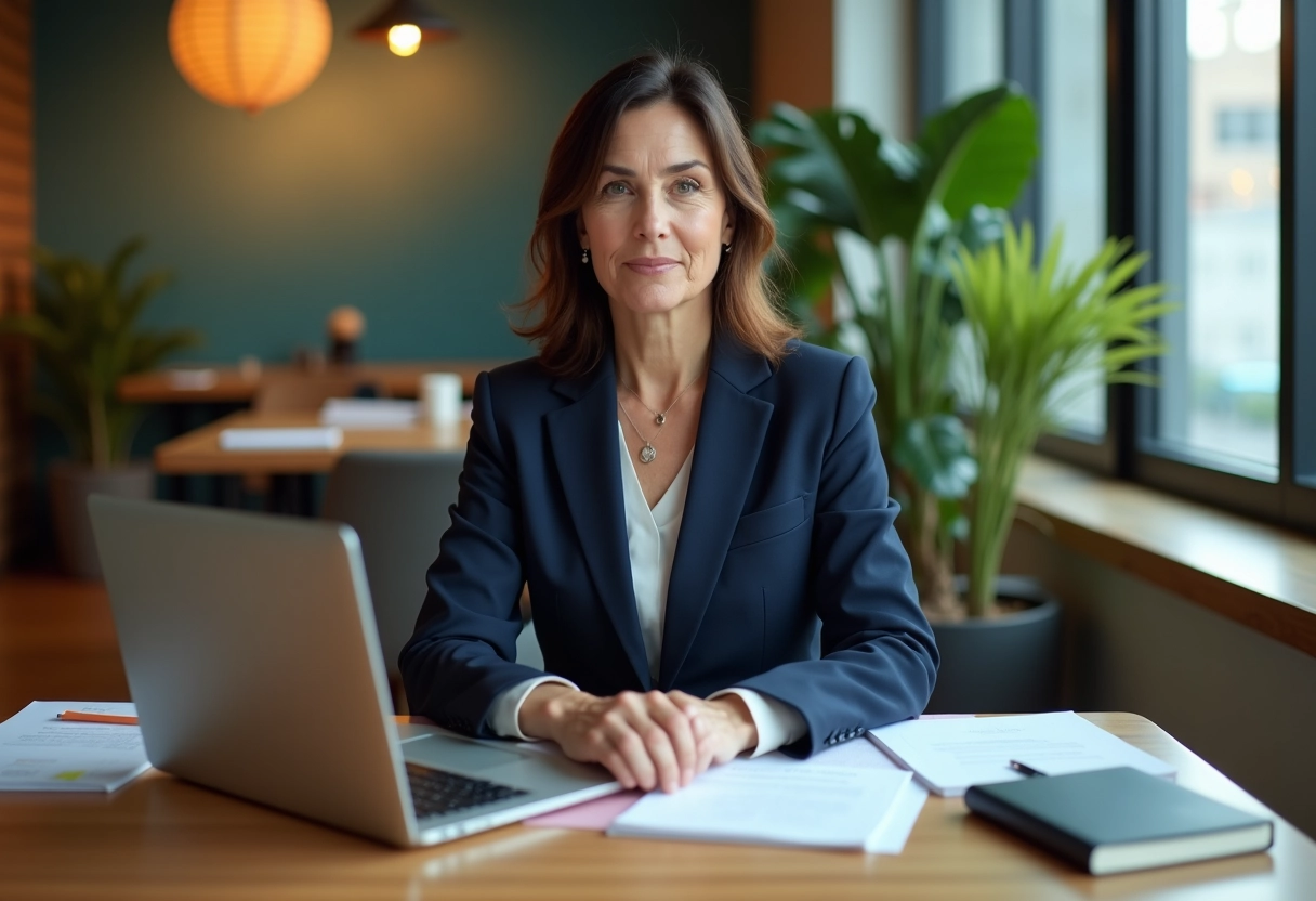 Femme entrepreneure en bureau créatif avec ordinateur portable