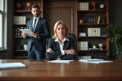 Femme d affaires frustr&eacute;e au bureau avec un jeune homme