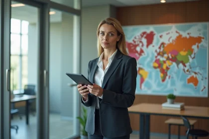 Femme d affaires fran&ccedil;aise en bureau moderne avec tablette