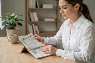 Femme professionnelle consultant son agenda planificateur journalier dans un bureau minimaliste style scandinave