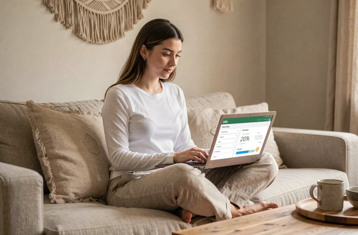 Jeune femme consultant une application de gestion du temps sur ordinateur portable depuis son canapé à domicile