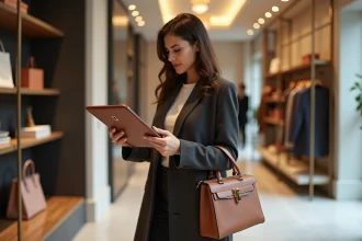 Femme élégante examine un sac en cuir dans une boutique de luxe