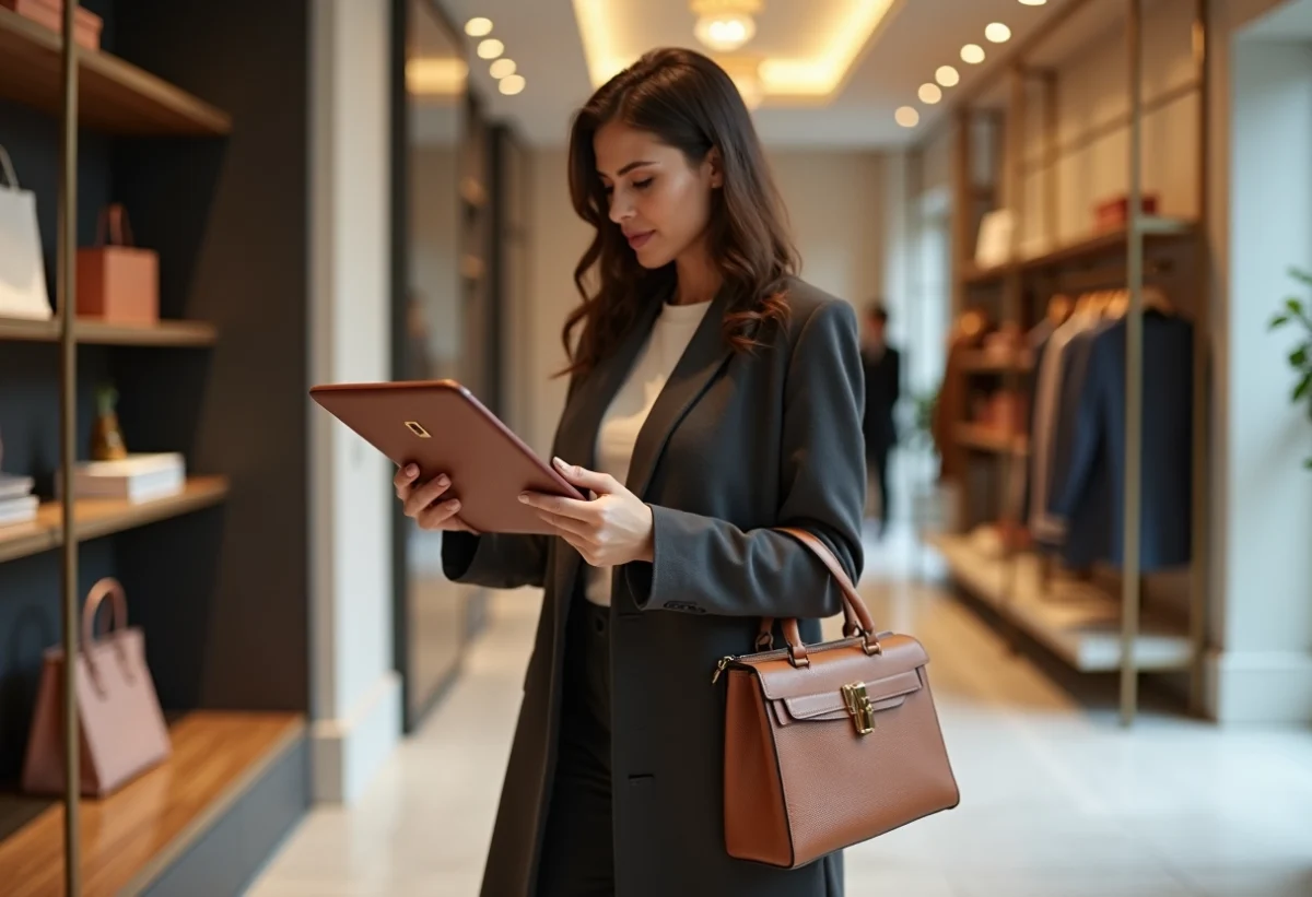 Femme élégante examine un sac en cuir dans une boutique de luxe