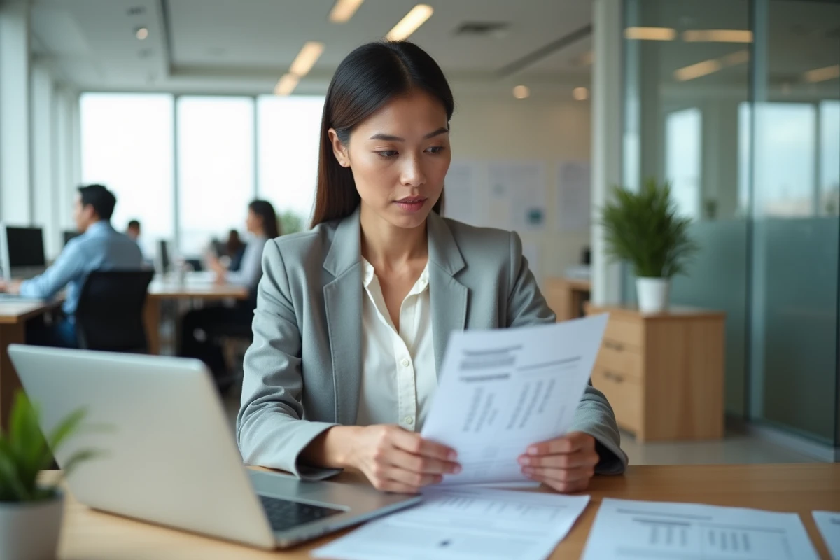 Femme professionnelle consultant ses bulletins de paie sur ordinateur et en version papier dans un bureau moderne
