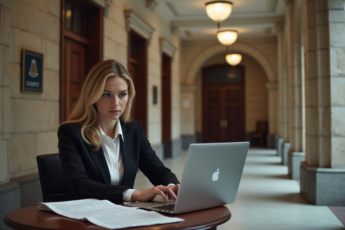 Jeune femme professionnelle tape sur un ordinateur dans un couloir de tribunal