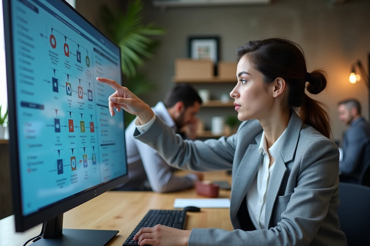 Femme professionnelle en bureau moderne interagissant avec un écran tactile affichant des schémas de digitalisation