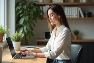 Jeune femme au bureau avec ordinateur portable lumineux