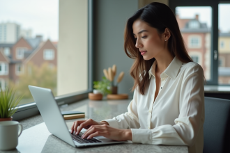 Jeune femme professionnelle travaillant sur son ordinateur en matinée