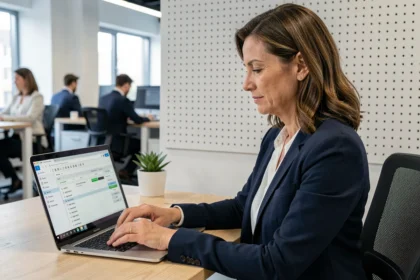 Femme cadre consultant un logiciel de gestion RH sur ordinateur portable pour retrouver un bulletin de salaire ancien