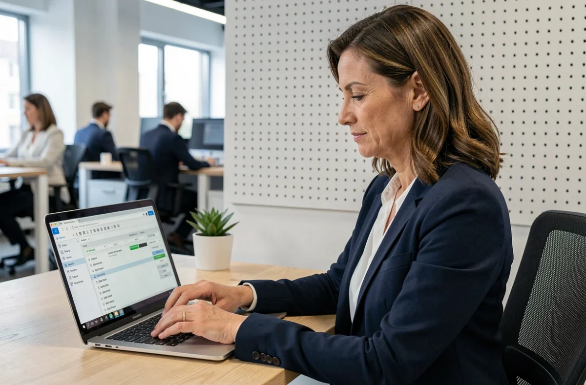 Femme cadre consultant un logiciel de gestion RH sur ordinateur portable pour retrouver un bulletin de salaire ancien