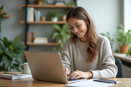 Femme travaillant sur son ordinateur dans un bureau lumineux