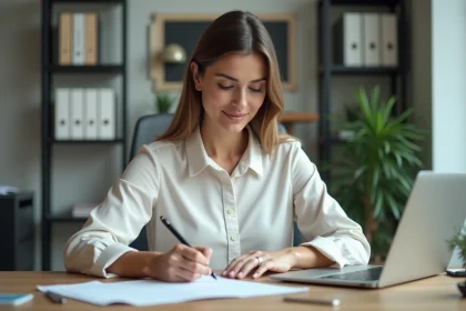 Femme au bureau travaillant sur un ordinateur portable