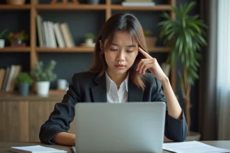 Jeune femme en bureau à domicile concentrée sur son ordinateur