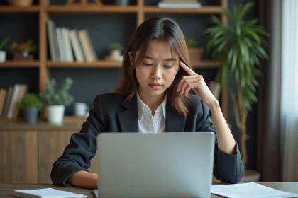 Jeune femme en bureau &agrave; domicile concentr&eacute;e sur son ordinateur