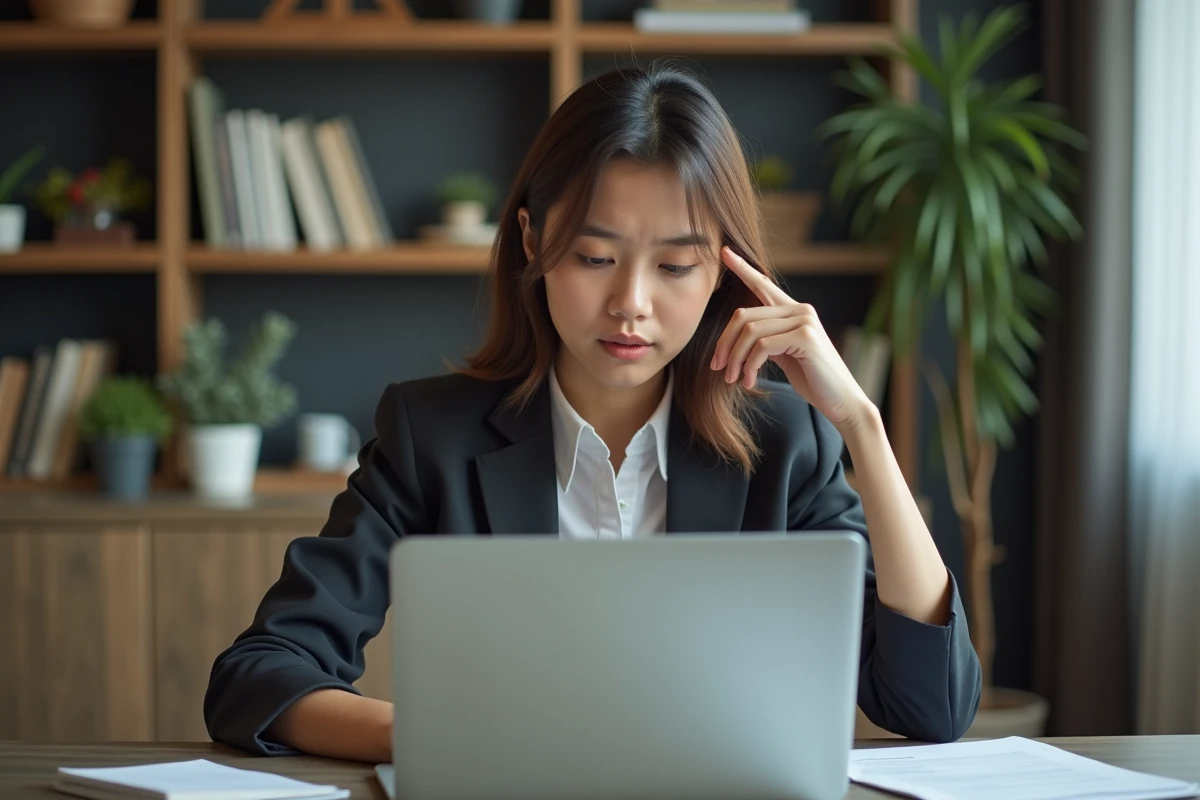 Jeune femme en bureau à domicile concentrée sur son ordinateur