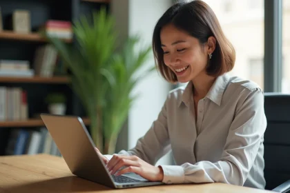 Femme en bureau moderne utilisant une tablette