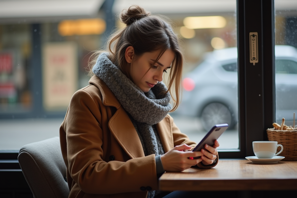 Jeune femme lisant un article dans un café près d un magasin fermé