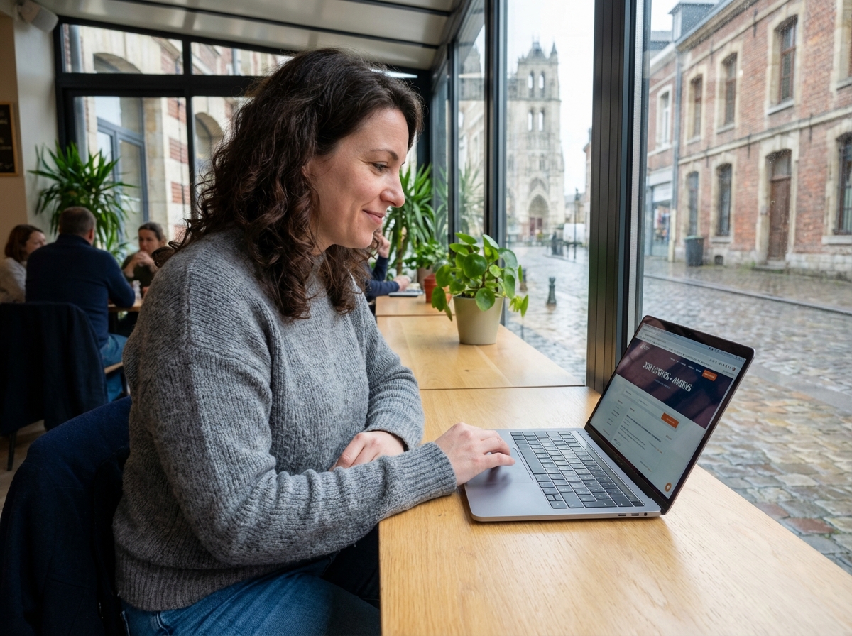 Femme travaillant sur son ordinateur dans un café à Amiens