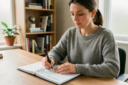 Femme concentrée qui calcule ses heures de travail mensuel dans un carnet de planification posé sur un bureau en bois
