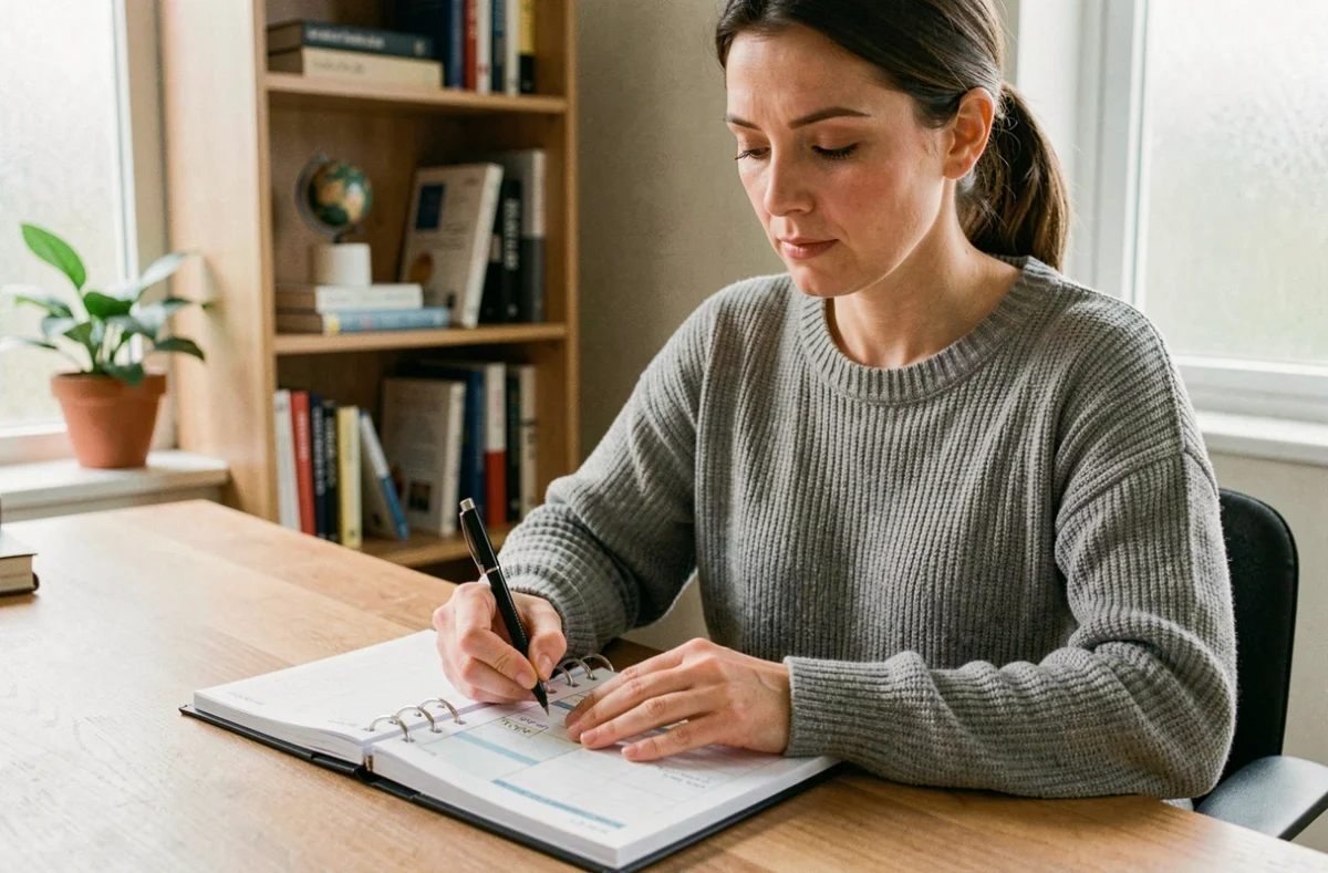 Femme concentrée qui calcule ses heures de travail mensuel dans un carnet de planification posé sur un bureau en bois