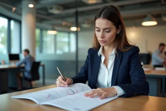 Femme cadre analysant un calendrier de jours ouvrés et ouvrables dans un bureau moderne