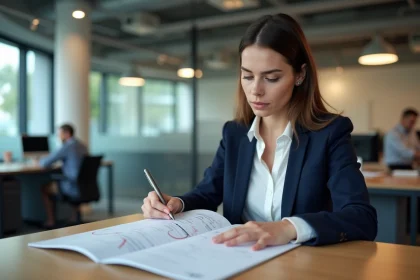 Femme cadre analysant un calendrier de jours ouvrés et ouvrables dans un bureau moderne
