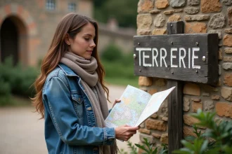 Femme avec carte devant un site historique terrerie